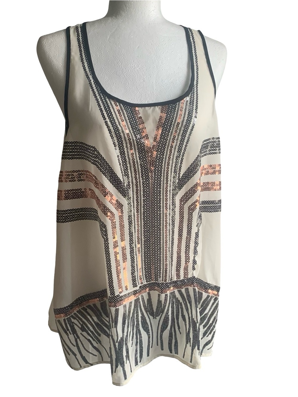 Material Girl Semi Sheer Sequin Tunic Tank Topper Event Party Cream Black S - Picture 3 of 14